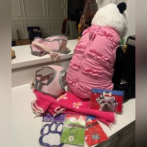Girl dog/puppy pink stuff! Puffer coat, 2 harnesses, sweater